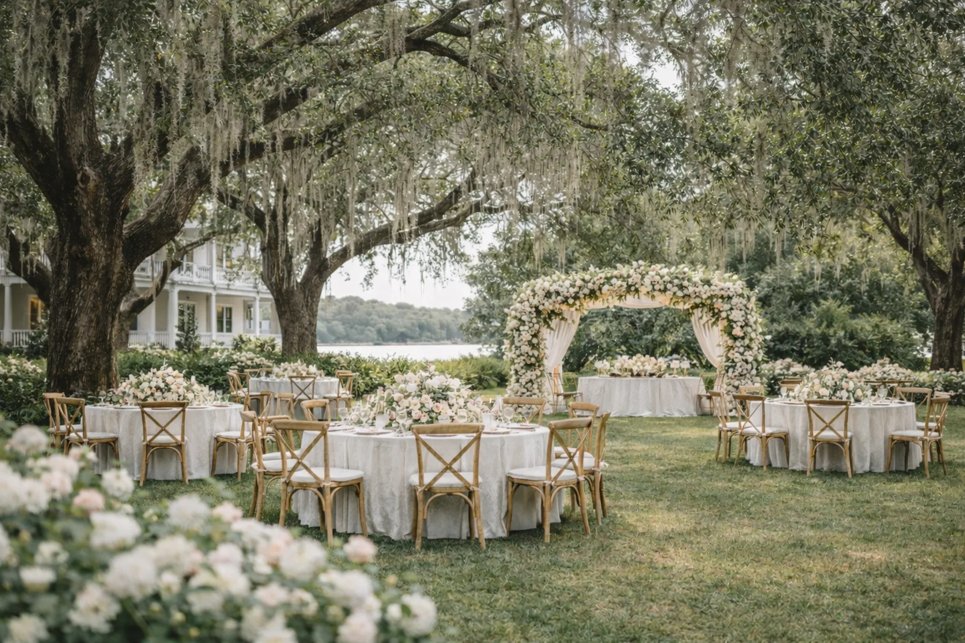 Round event tables and chairs under trees beside a house and water